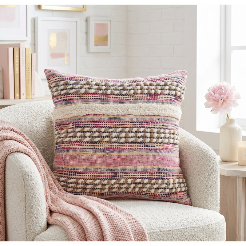 Housse de coussin en mélange de coton rayé rose Kennamer, polyester