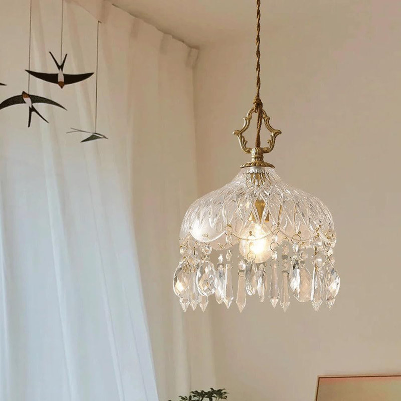 Vintage Brass Glass Pendant Light With Crystal