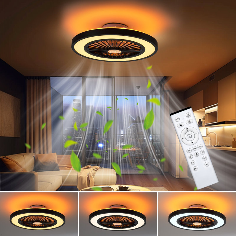 Kelman 22'' Flush Mount Ceiling Fan with Light and Remote, Dimmable, 1800K Nightlight/Backlight, Black