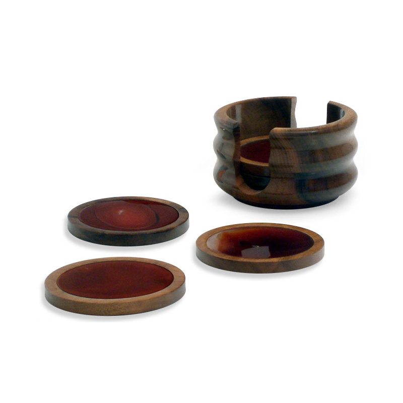 Wood Round Coaster Set With Holder