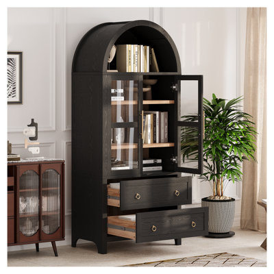71 Inch Modern Farmhouse Kitchen Pantry Cabinet with Glass Door, Black Arched Tall Storage Cabinet with Adjustable Shelves and 2 Large Drawers for Kitchen, Dining Room Organization