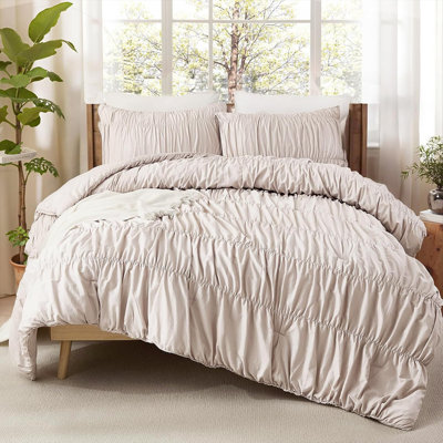 Édredon en coton ruché pour lit très grand, ensemble d'édredon très respirant en coton Boho, ensemble de literie de style campagnard 3 pièces Shabby Chic Ruffle Bedding, taupe clair