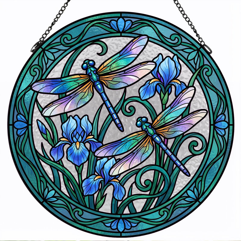 Dragonfly Iris Stained Glass Window Panel，7.8H, 7.8"H