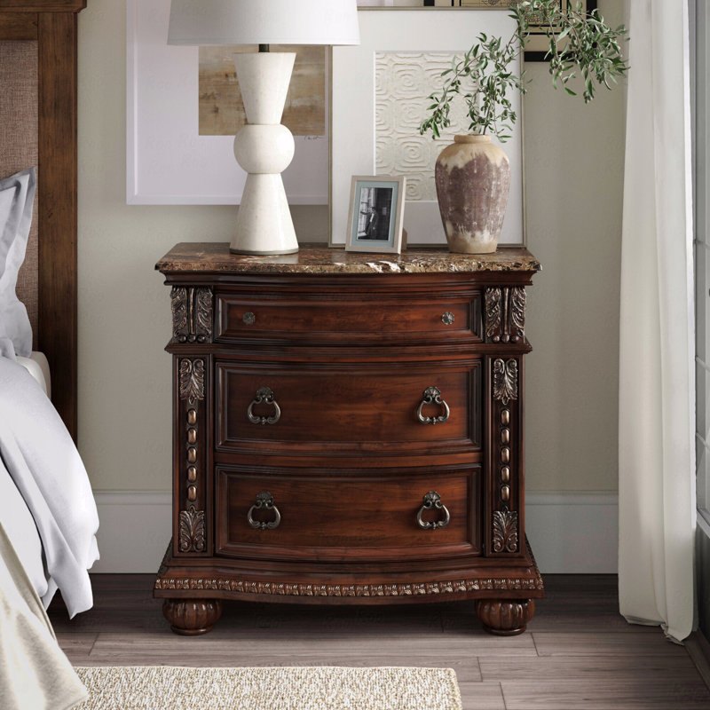 Dark Cherry Finish With Gold Tipping European Design 1Pc Nightstand With Genuine Marble Top Traditional Bedroom Furniture 3-Drawers