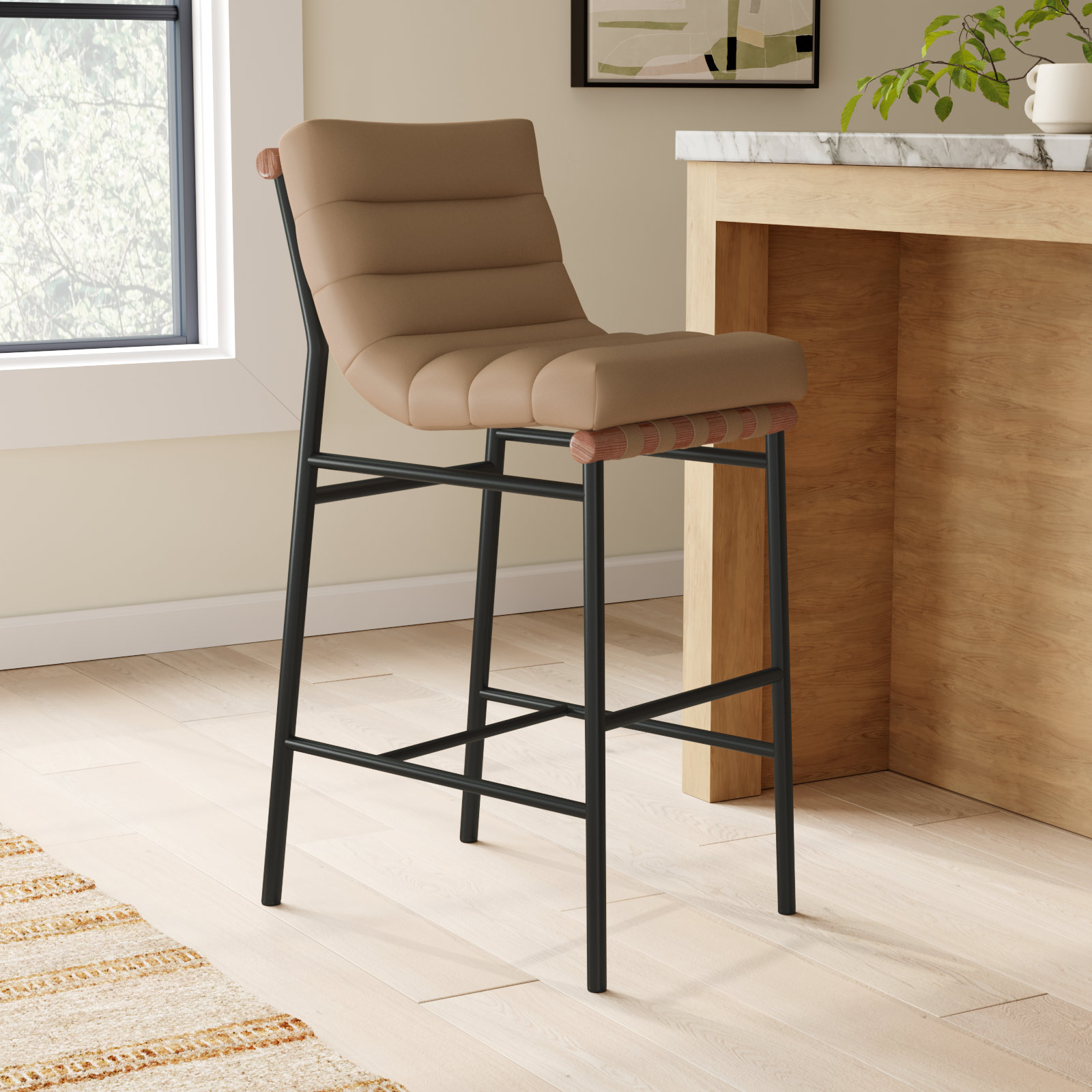 Vincentas Bar and Counter Stool, Tan Vegan Leather, Bar Stool (29.9" Seat Height)