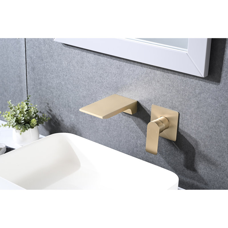 Brushed Gold Wall Mounted Bathroom Sink Faucet, Stainless Steel, Single Handle, Two Holes, Fashionable Addition Mount Waterfall Bathtub Valve, Gold, Modern Decoration