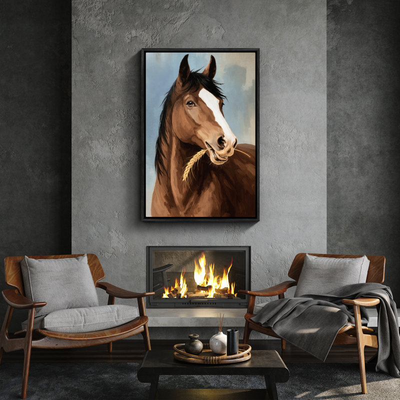 «Brown Horse Portrait with Wheat Rustic Farm Art», reproduction d'art encadrée, H 24 po x l 16 po, Noir