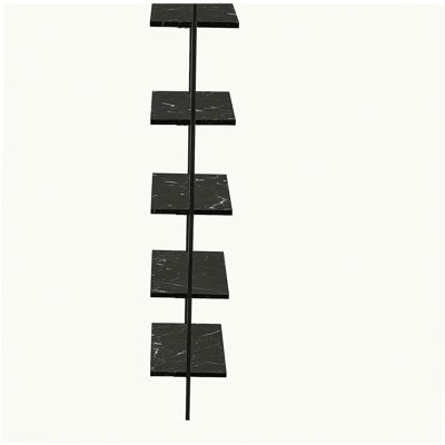 5-Tier Ladder Etagere Bookshelf with Grey Wood-Look Shelves and Black Metal Frame