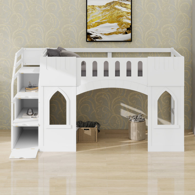Structure de lit en bois château avec escalier de rangement, fenêtres et garde-corps, Blanc