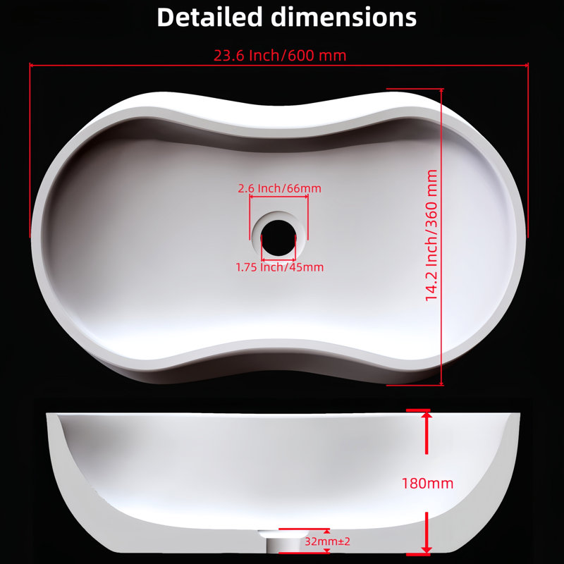 Lavabo vasque de luxe en marbre blanc pour salle de bain, hauteur de 7,1 pouces, conception ondulée, lavabo de salle de bain facile à entretenir, profondeur de 23,6 po