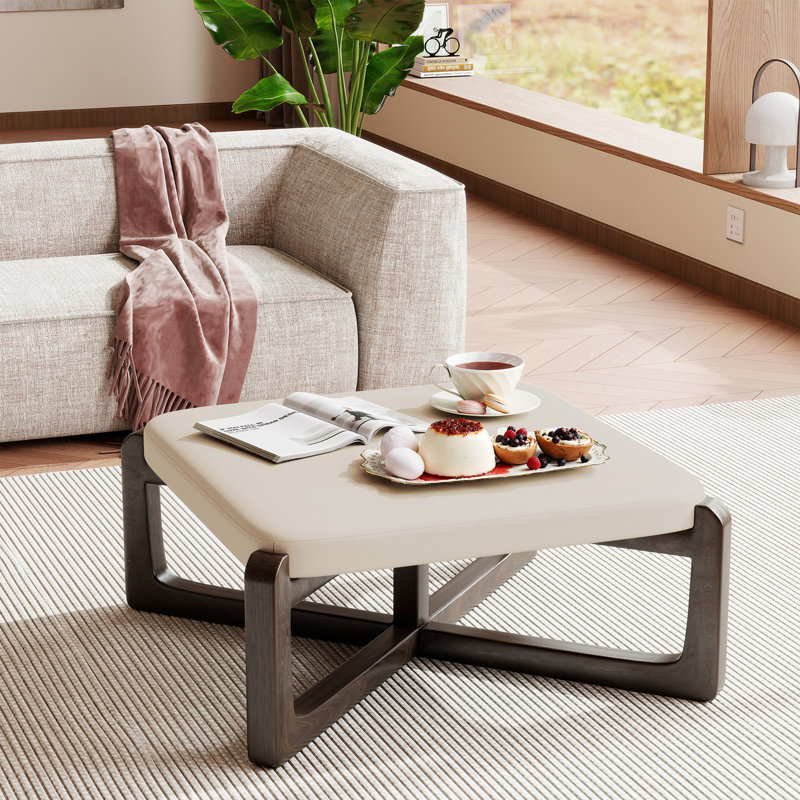 24" Wide Faux Leather Upholstered Square Ottoman, Beige