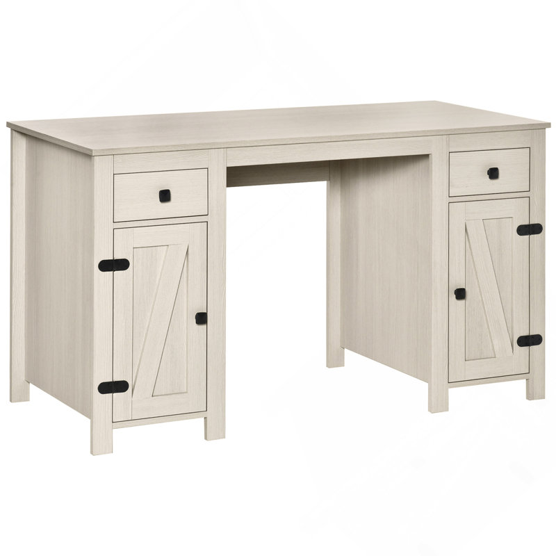 Farmhouse Computer Desk With Storage, Home Office Desk With 2 Drawers And 2 Cabinets, Cream White