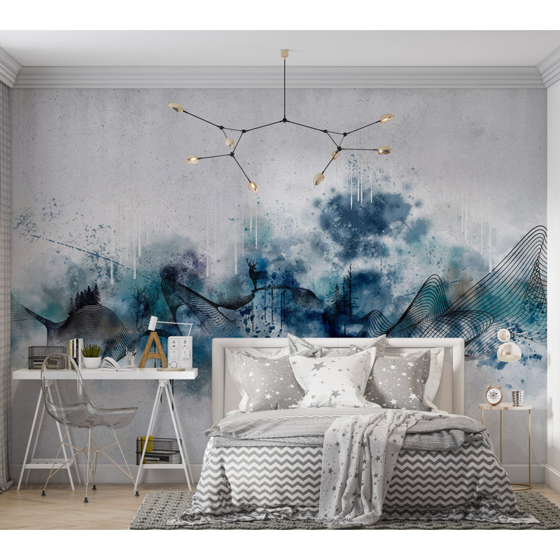 Papier peint abstrait - Vague bleue moderne, L 110 po x l 157 po