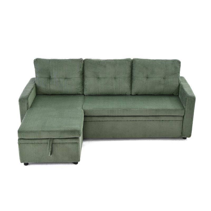Upholstered L-Shape Green Corduroy Space-Saving Sleeper Pull-Out Sofa With Hidden Storage, Olive Green Corduroy