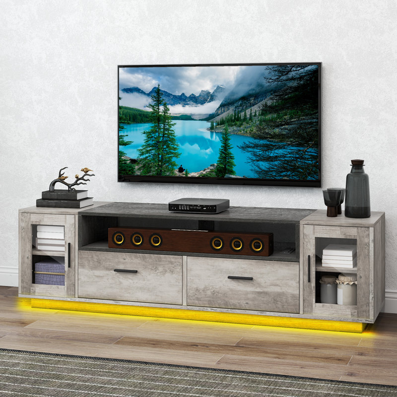 Charen LED Farmhouse Modern Entertainment Center TV Stand W Power Outlets, Glass Doors, Storage Drawers, Gray/Black