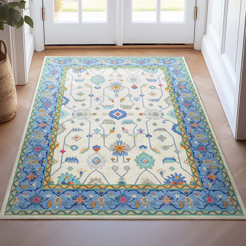 Bungalow Rose Adrith Antalya Modern Vintage Boho Ivory Blue Multi Area Rug, Rectangle 3'11" x 5'3"