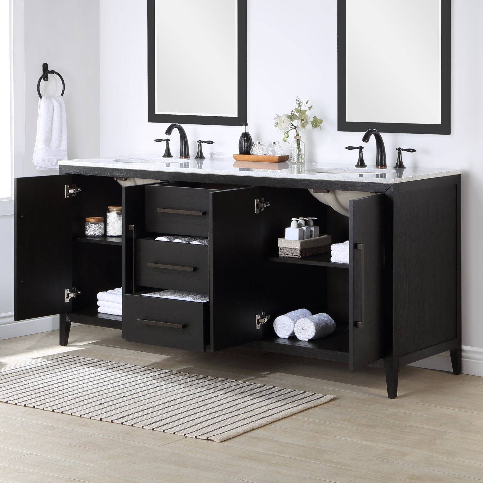 Alsup 60" Carrara Marble Double Bathroom Vanity, Wire Brushed Dark Oak, 60"