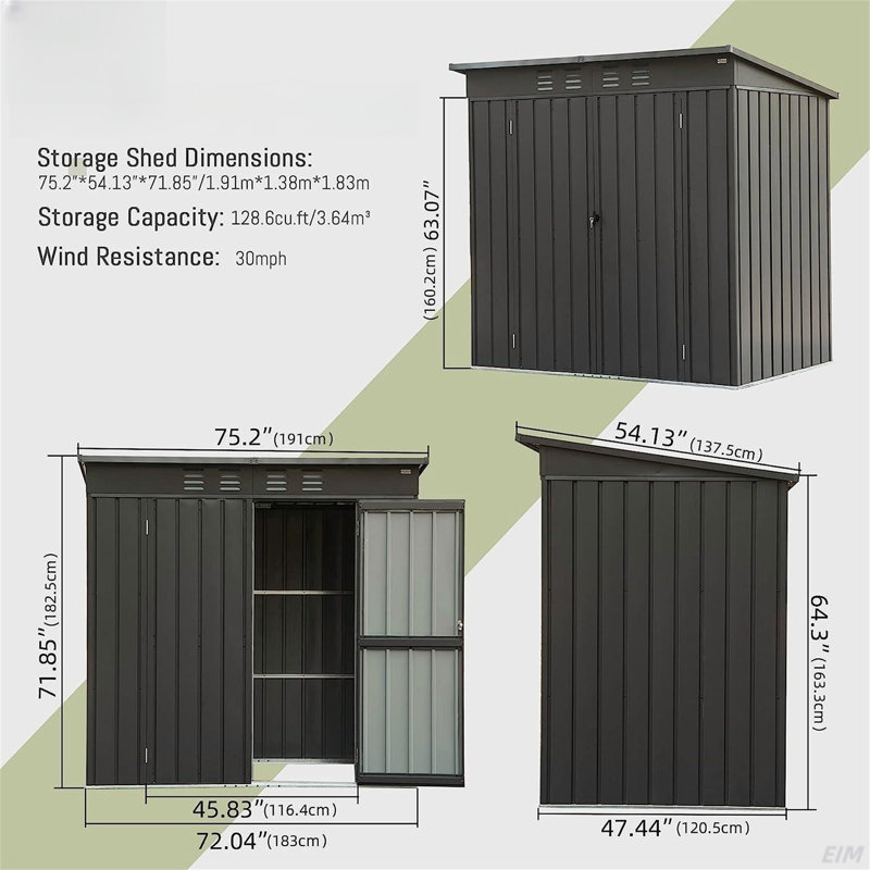 Outdoor Storage Shed, Metal Tool Sheds Storage House With Lockable Double Door, Large Bike Shed Waterproof, Dark Gray