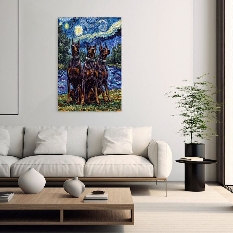 «Starry Night Dobermans Abstract Contemporary Dog Forest Landscape», reproduction d'art mural, H 60 po x l 40 po