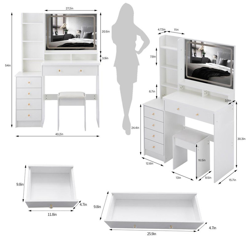 40.2" Makeup Vanity Table with Cushioned Stool, Touch-Control LED Mirror (3-Color & Brightness Adjustable), Drawers, and Multi-Layer Storage