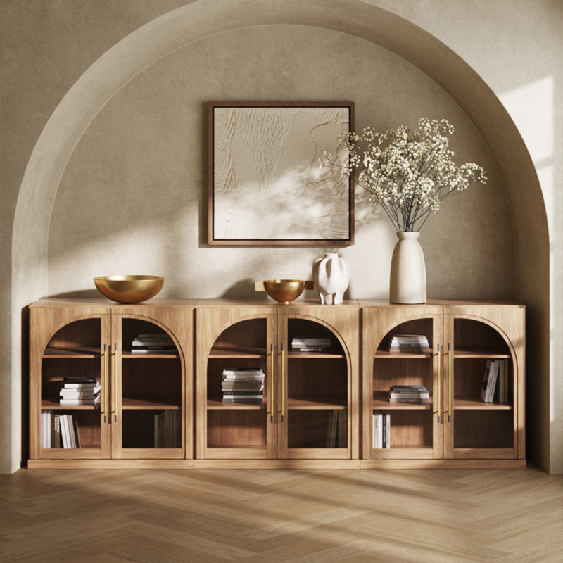 Ensemble de 3 buffets modulaires avec porte en verre arquée et tablettes réglables, brun clair, Chameau
