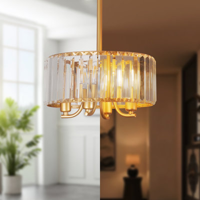Luminaire suspendu moderne en cristal suspendu à 4 lumières en forme de tambour doré pour le salon sans ampoules incluses