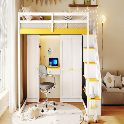 Lit mezzanine double avec escalier de rangement, coiffeuse intégrée avec miroir et tiroir, garde-robe et armoires, ports et lumières de chargement USB, blanc et jaune