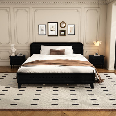 Black Queen Bed With Pine Structure, Panels, Elegant Headboard, Assembly Simplicity Frame, Reinforcement, Practical Use