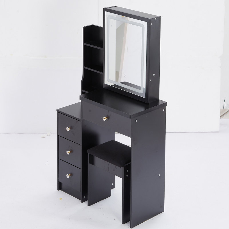 Petite coiffeuse de 29,2 po avec tabouret de chevet gauche et tabouret rembourré, grande commande tactile, interrupteur tricolore