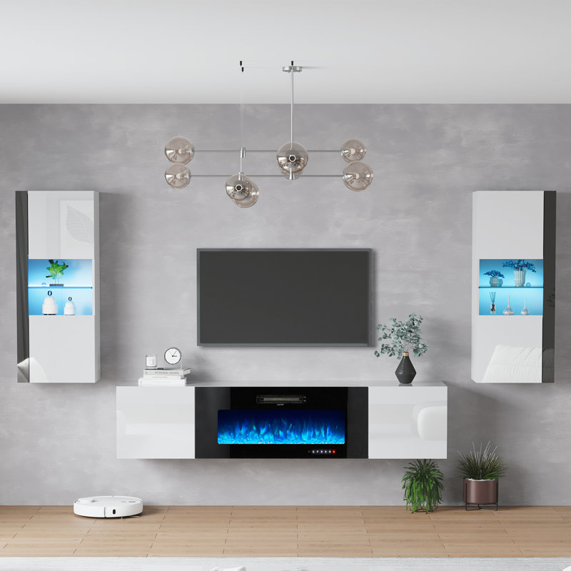 Meuble audio-vidéo flottant Bhhatu Highgloss avec foyer électrique et 2 bibliothèques, Blanc/Noir, 120"