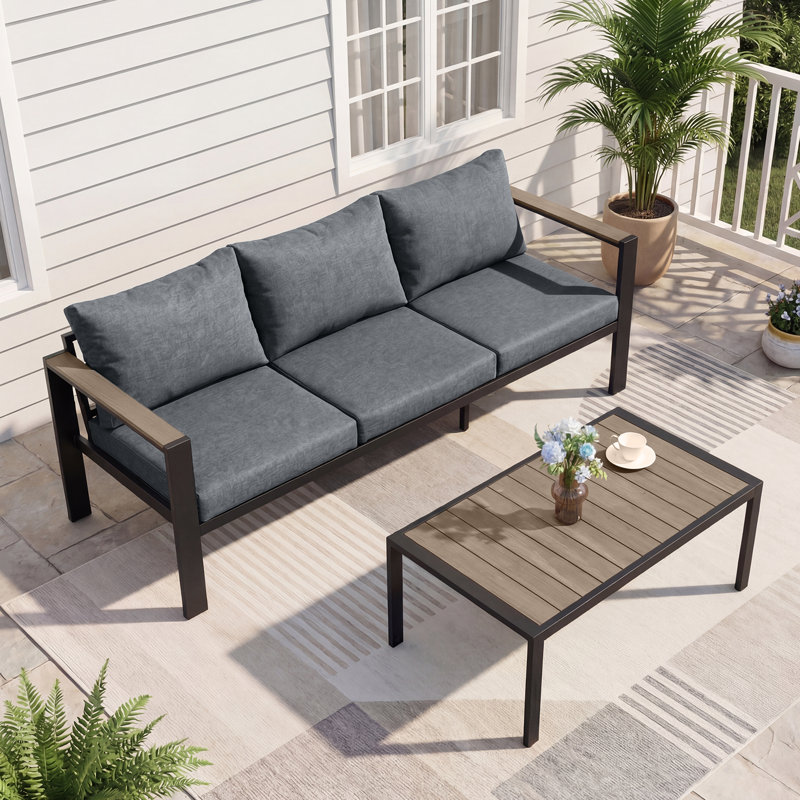 Ensemble de canapé d'extérieur en aluminium 2 pièces avec canapé 3 places et table basse, assise profonde et coussins lavables 27,5 po, gris