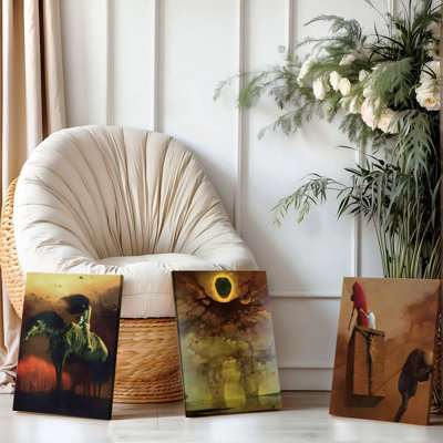 3 pièces d'art mural, affiches encadrées, trio mystérieux sur toile, décor gothique fantaisie sombre avec cheval mystique, portail cosmique et personnages abstraits, décoration d'Halloween effrayante pour le salon, la chambre et le bureau