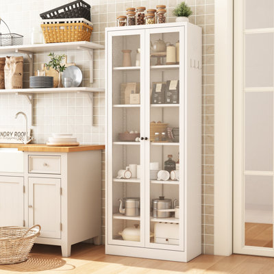 Metal Kitchen Pantry Cabinet - 72" Tall Glass Door Storage with 5 Adjustable Shelves, White Freestanding Cabinet for Kitchen/Pantry/Bathroom/laundry r