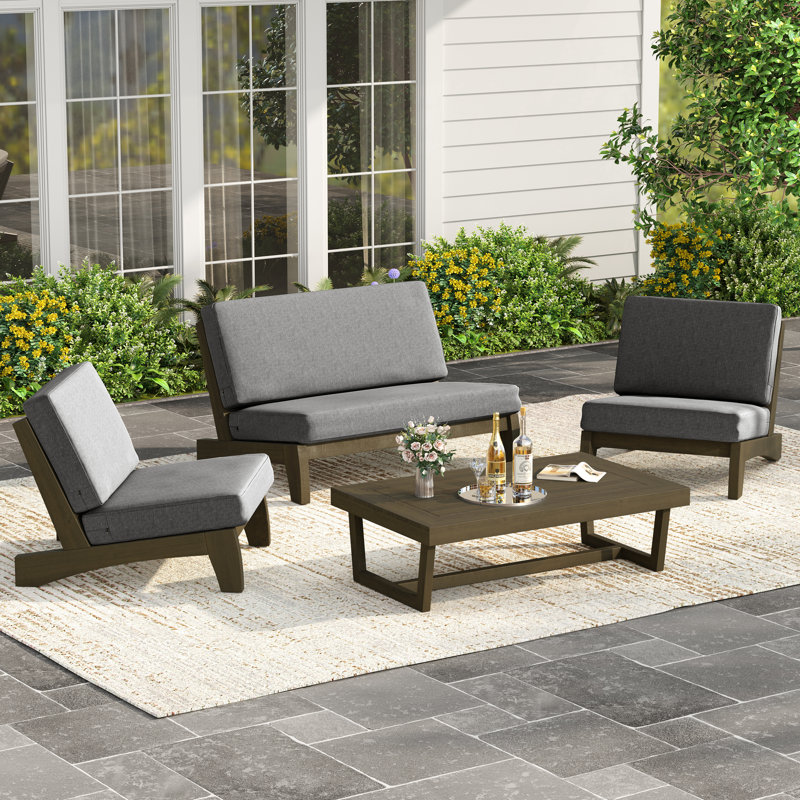 Ensemble de conversation en bois massif avec fauteuil sans accoudoirs, causeuse et table basse Polett, Gris, Brun