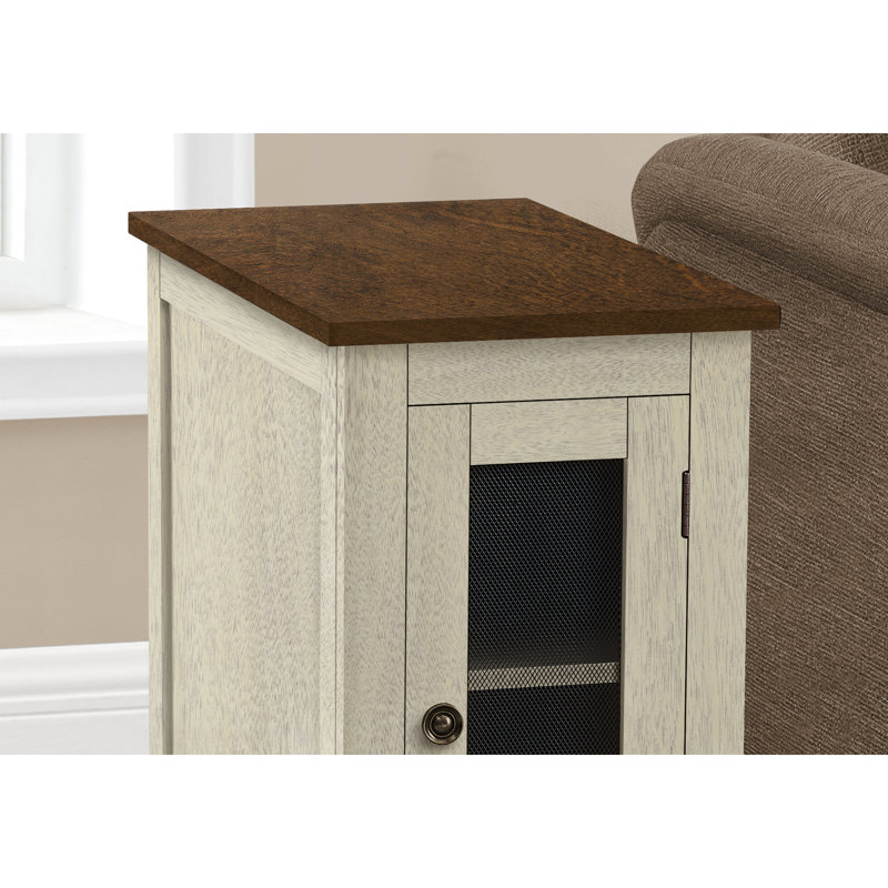Table de bout de salon avec poignée en métal: placage blanc et brun antique, table d'appoint étroite, pratique et facile à assembler pour la chambre à coucher: rangement, bouton de décoration