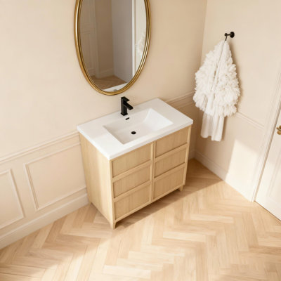36-Inch Freestanding Bathroom Vanity With Resin Sink And Soft-Close Doors, Durable Plywood Construction, Dune Oak Finish