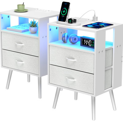 2 Pack Modern White Bedside Nightstand With Charging Station And Led Lighting, Fabric Drawers, Coated Particle Board For Long - Term Functionality Non Woven Tables, Scratch Heat