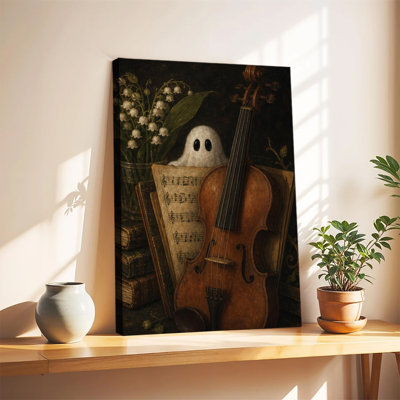 Fantôme vintage près d'un violon, d'une partition et de fleurs de muguet - Ancienne Nature morte musicale sur toile