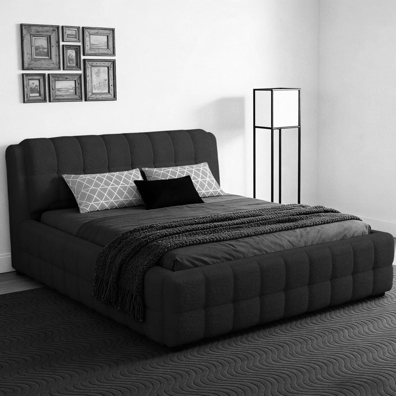 King Size Upholstered Platform Bed with Headboard, Solid Wood Frame, No Box Spring Needed, Black, Black, King