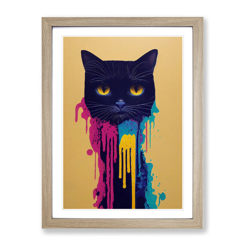 Cat Drips No.3 - Framed Print, 46cm H x 34cm W x 2cm D, Oak
