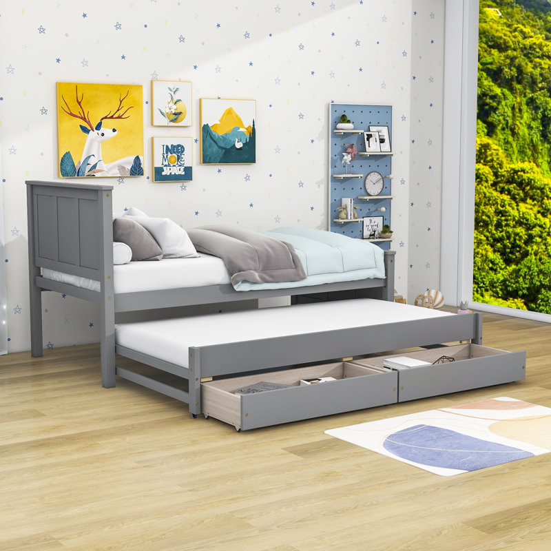 Twin 2 Drawers Platforms Bed with Trundle, Gray