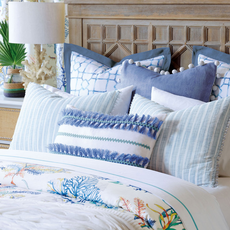 Azure Blue Polyester Euro Sham with Ball Trim