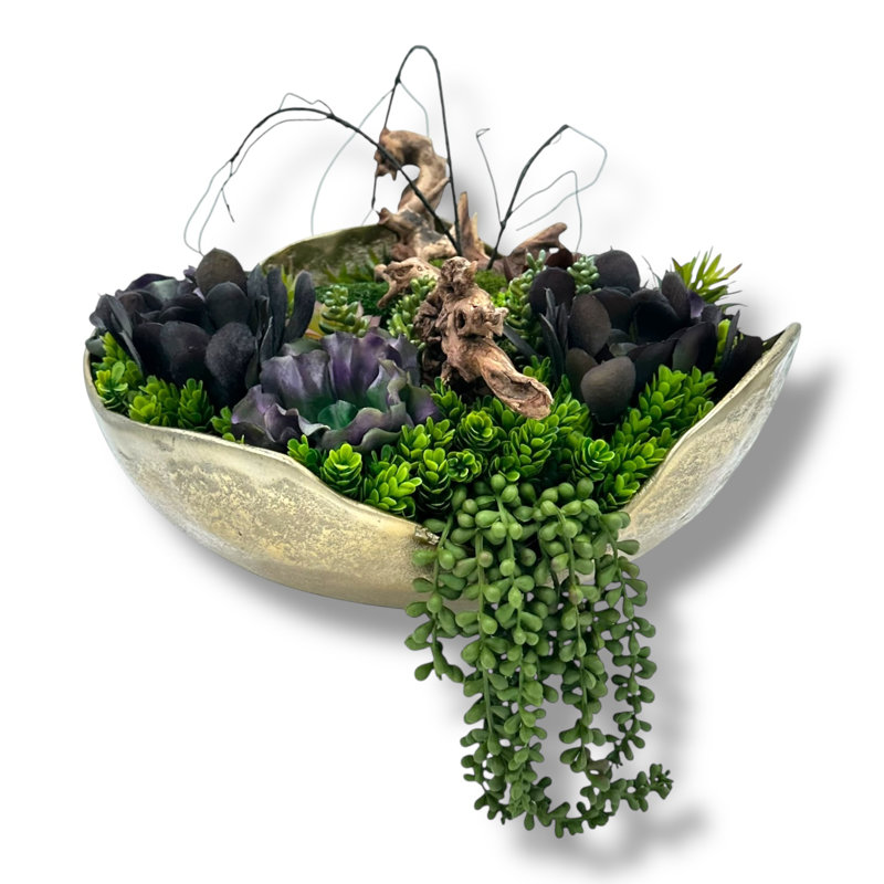 Succulent Design in Gold Wavy Textured Metal Vase