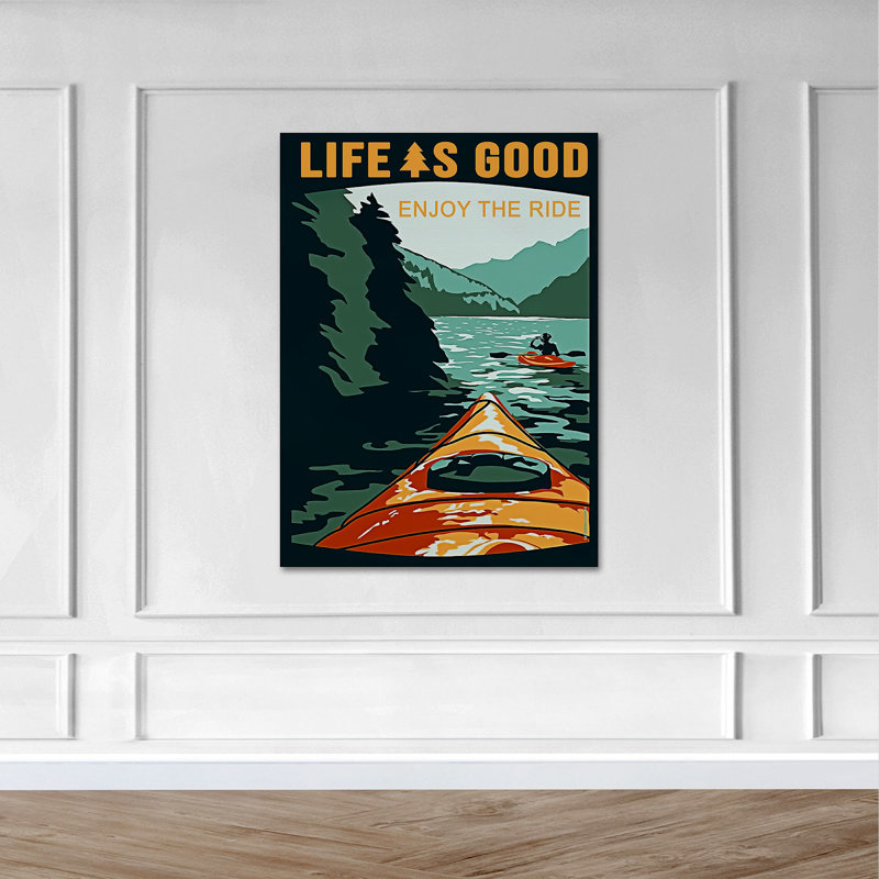 Bateau sur un lac vert - «Life Is Good Enjoy The Ride», toile tendue avec cadre de transport, décor de salon vert et orange