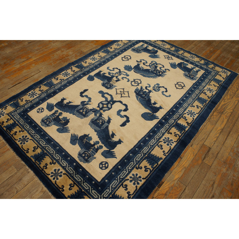 Antique Blue and Ivory Chinese Ningxia Small Foo Dog Rug