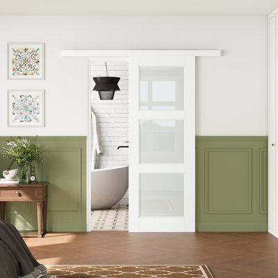 Pre-assembled Panel, Hidden Track 3-lite Frosted Glass Sliding Barn Door Solid Manufactured Wood Closet Door with Installation Hardware Kit