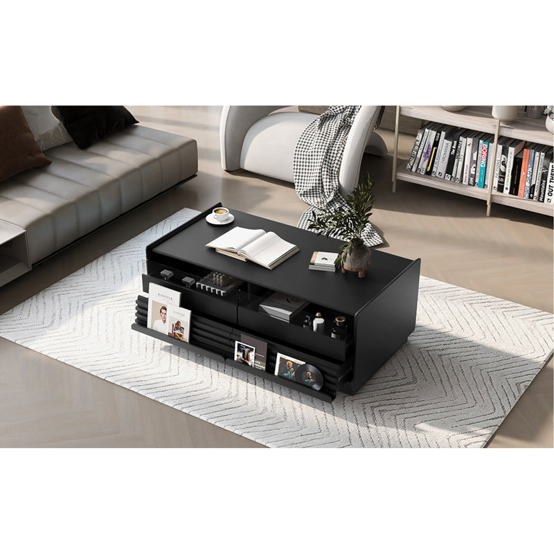 Table basse moderne rectangulaire avec 4 tiroirs et 2 tablettes de présentation, table basse en bois de style cannelé de 47,2 po pour le salon