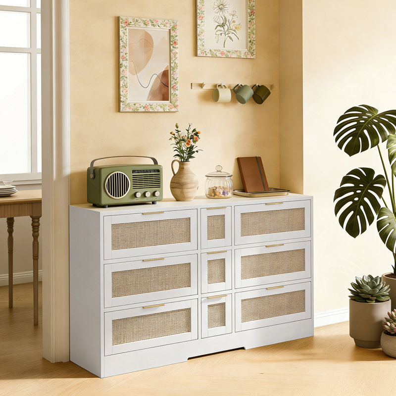 51.2 "Rattan Locker With Drawers, 9 Drawers, Metal Handles For Kitchen, Living Room, Bedroom, White