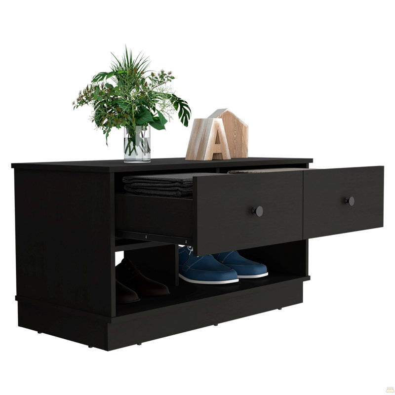 Hamilton Storage Bench, Two Open Shelves, Two Drawers -Black, Black