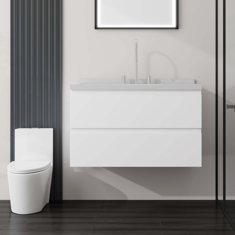 Meuble-lavabo flottant avec comptoir en marbre de culture et tiroir à fermeture en douceur, Blanc